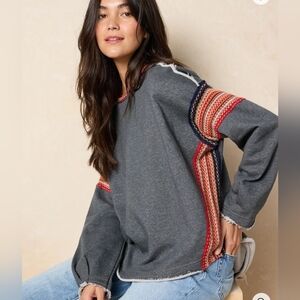 Natural Life Knit Trim Sweatshirt Womens S/M Pullover Oversized Boxy Boho Lounge